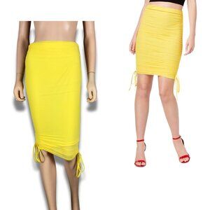 Material Girl Yellow Ruched Mesh Adjustable Pencil Skirt NWT Large